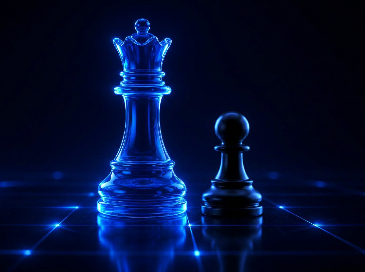 XChess brand visual: glass chess queen and pawn lit in blue
